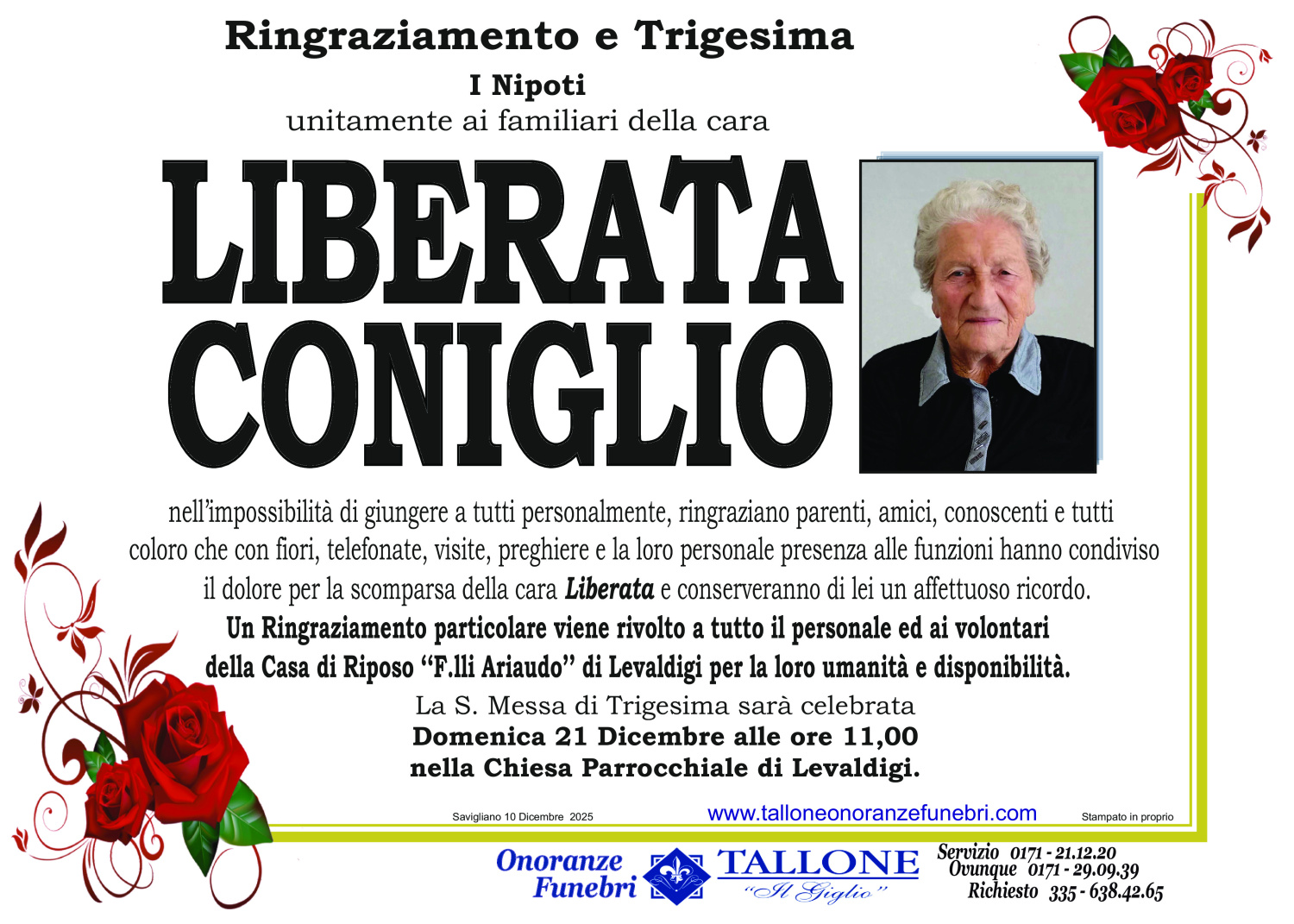 <br />
<b>Warning</b>:  Undefined variable $info in <b>/home/tallone/public_html/ringraziamenti.php</b> on line <b>68</b><br />
Liberata Coniglio